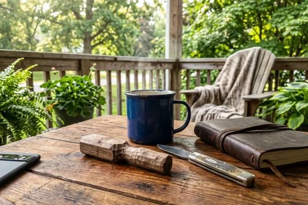 Man relaxing on a wooden porch with a cup of coffee overlooking a quiet lake.