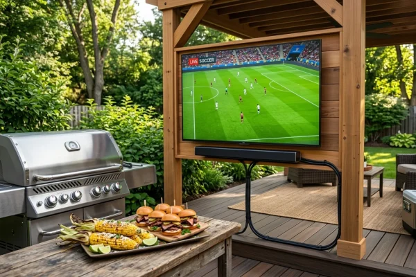 Outdoor patio setup with a large television, barbecue grill, and shaded seating.
