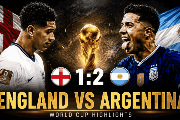 Players from the England and Argentina national teams stand against a backdrop of their countries' flags; the final score is 1-2, and the trophy is in the center of the image before the match recap.