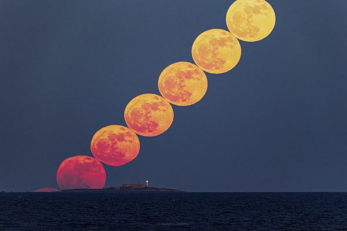 A beautiful view of the full Moon rising behind the Isola delle Correnti (Island of Currents), captured by Giovanni Migliorisi from Punta Castellazzo in the municipality of Ispica, Sicily, Italy, 31 May 2026, 20:41–20:46 local time. Equipment: Nikon D850 camera, Tamron 150-600mm lens at 600mm Exposure: ISO 6400, f/8, 1/30s Software: Lightroom and Photoshop