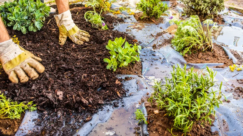 A person adding mulch over landscape fabric in the garden.