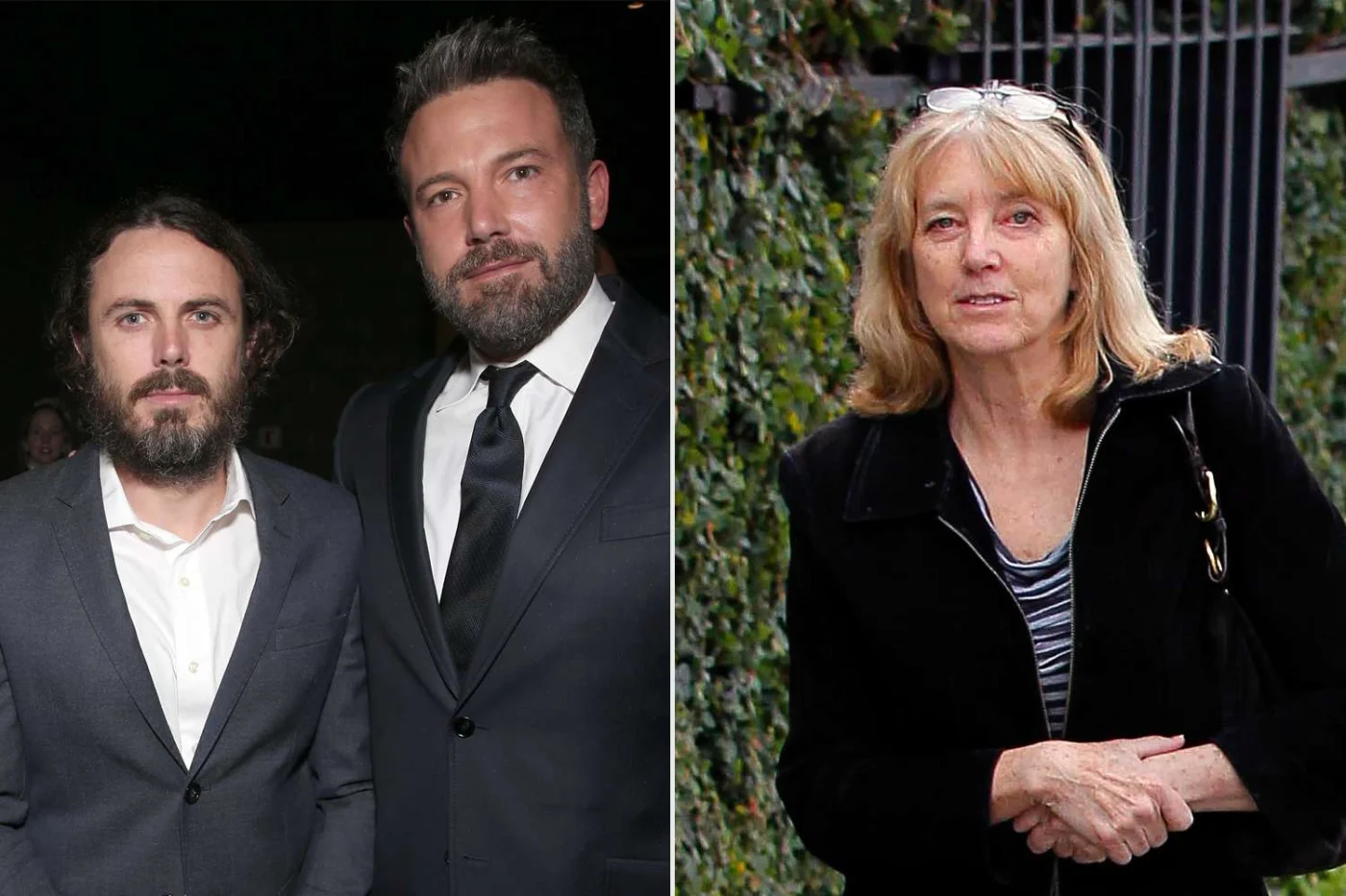 Ben Affleck and Casey Affleck standing together a woman outdoors on the right