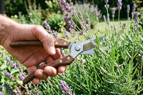 A gardener carefully trimming a lush green shrub with shears on a sunny summer day.