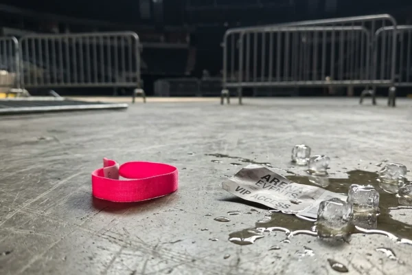 Security guards separating aggressive fans inside a crowded stadium floor.