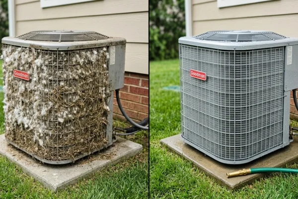 Man confidently spraying an outdoor AC condenser unit with a green garden hose.
