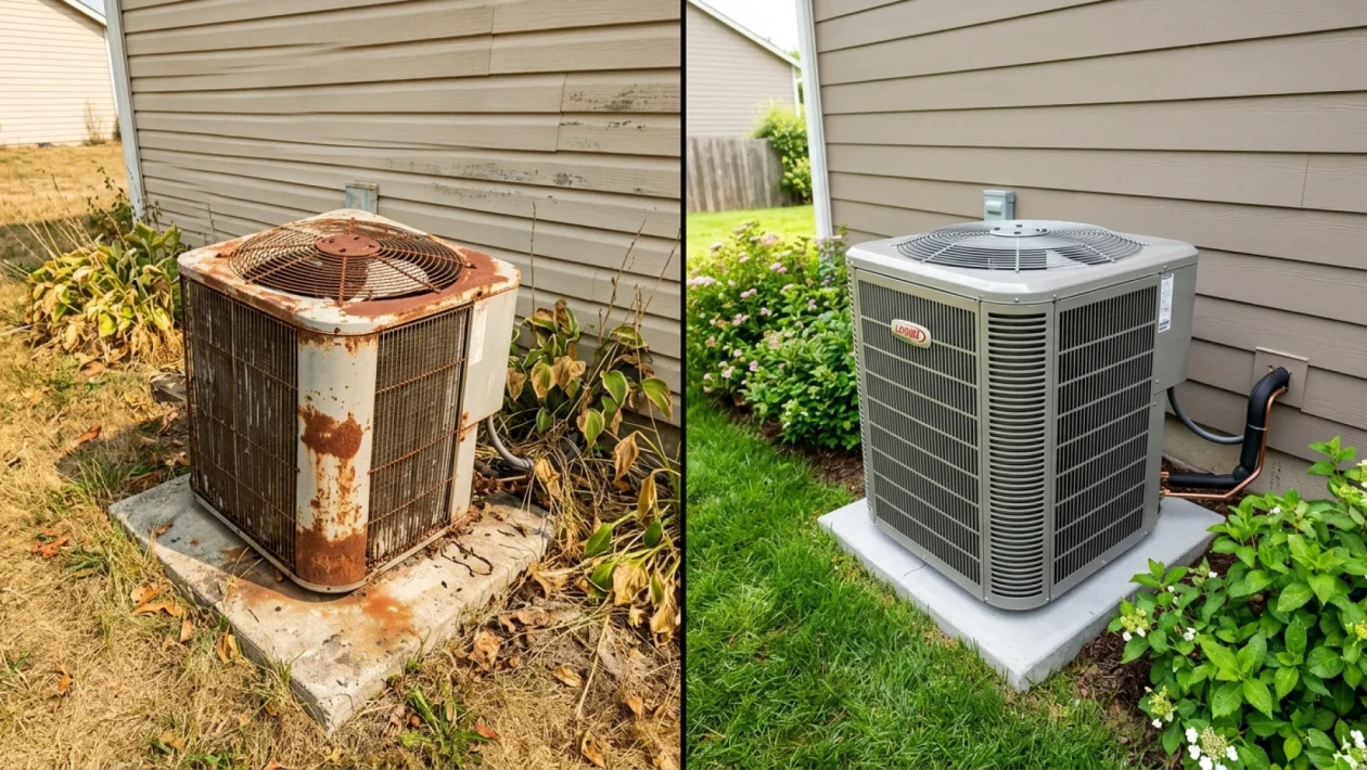 HVAC technician carrying tools to a residential air conditioning unit.