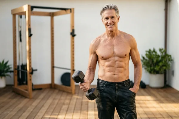 A fit, mature man doing pull-ups outdoors while wearing casual street clothes.