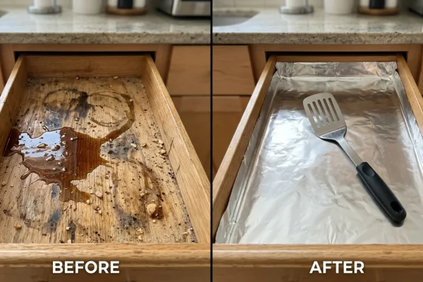 Silver aluminum foil meticulously lining the bottom of a wooden kitchen drawer.
