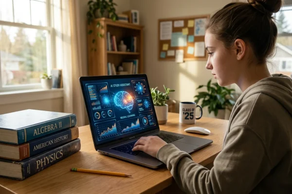 A teenager and a teacher looking at a digital tablet displaying an AI learning module.