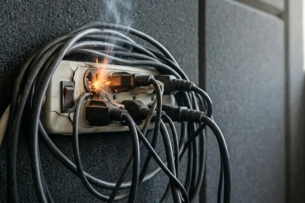 Charred remains of a nightclub entrance after a severe electrical fire.