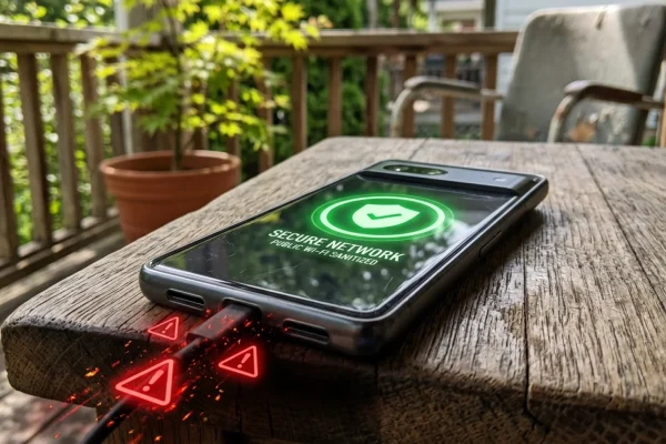 Canadian flag waving behind a glowing, locked smartphone screen.