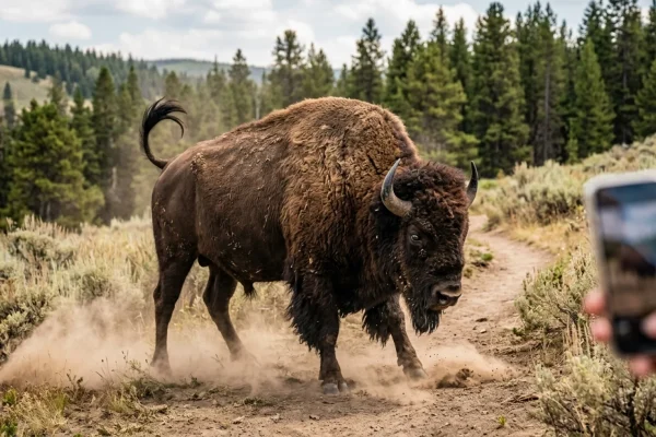 Massive male bison standing aggressively on a paved road in Yellowstone National Park.