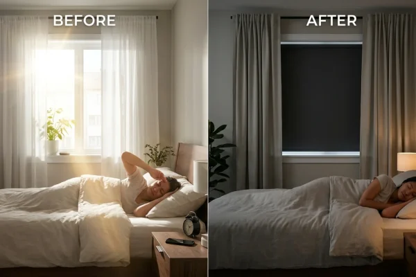 A sleek white blackout roller blind installed behind sheer curtains in a modern bedroom.