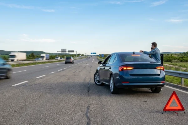 A stranded luxury vehicle blocking a busy multi-lane highway.