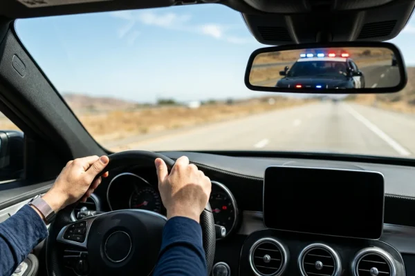 Police lights flashing in a rearview mirror during a traffic stop.