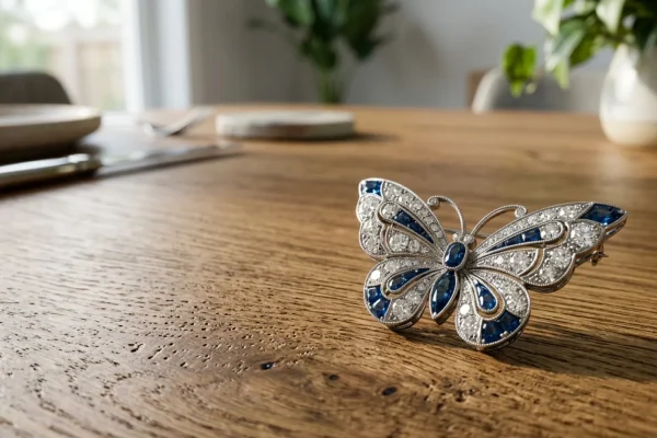 Queen Camilla wearing a diamond and sapphire butterfly brooch in her 79th birthday portrait.