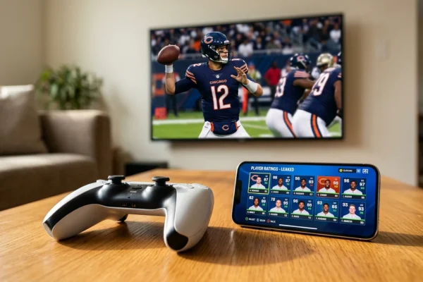 Caleb Williams scrambling in a Chicago Bears uniform during a Madden 27 gameplay leak.
