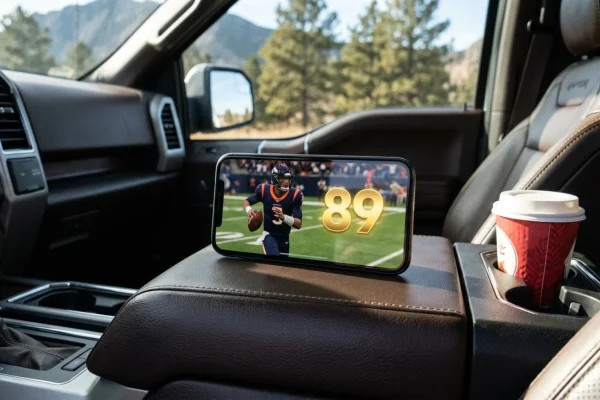 Caleb Williams looking at a digital screen showing a football video game rating.