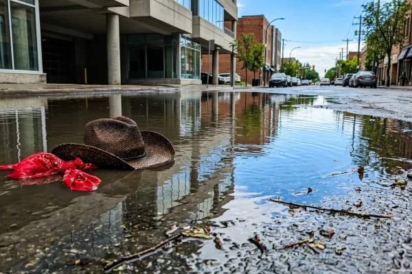 Flooded downtown streets and abandoned parade floats during the summer storm.