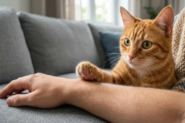 A domestic tabby cat gently tapping its owner's hand with a front paw.