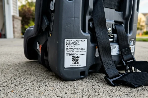 Close-up of a parent checking the model number on a Graco car seat.