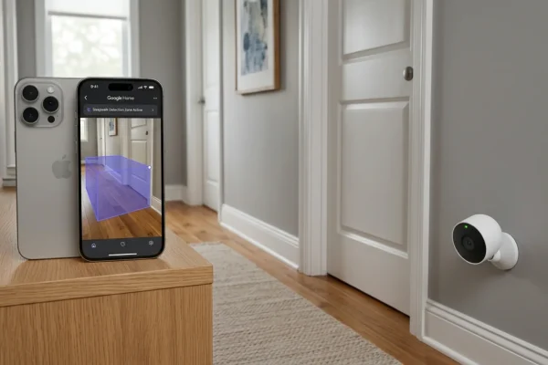 Night vision indoor security camera aimed at a front door.