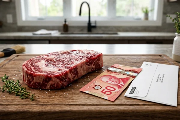 Juicy raw ribeye steaks sitting on a butcher block next to a fifty dollar Canadian bill.