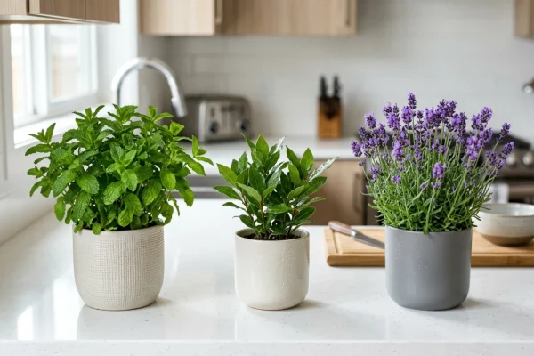 Potted lavender and mint plants sitting on a clean kitchen windowsill.