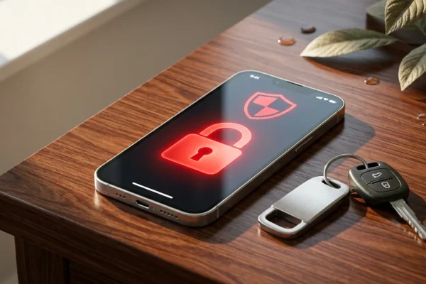 Shattered smartphone screen displaying a warning sign over a blurred social media feed.