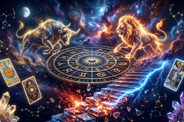 Golden astrological chart highlighting a tense planetary square above modern office items.
