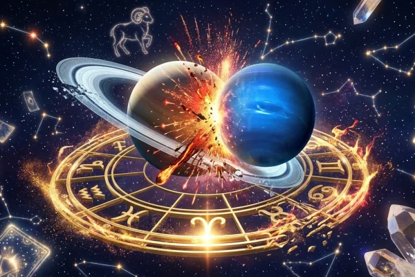 Planets Saturn and Neptune aligning against a stormy, mystical cosmic background.
