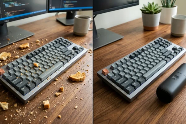 A compact Silvercrest desktop vacuum cleaning cookie crumbs off a wooden desk.