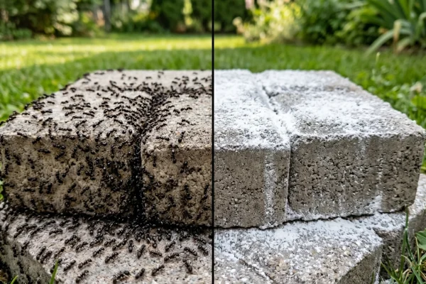 A close-up of white diatomaceous earth powder sprinkled along a patio stone edge.
