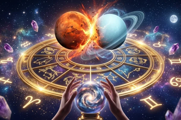 Astrological chart showing a volatile Mars Uranus conjunction in Gemini.