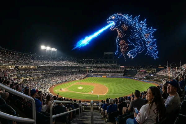 Drones forming a giant Godzilla breathing blue fire over Dodger Stadium