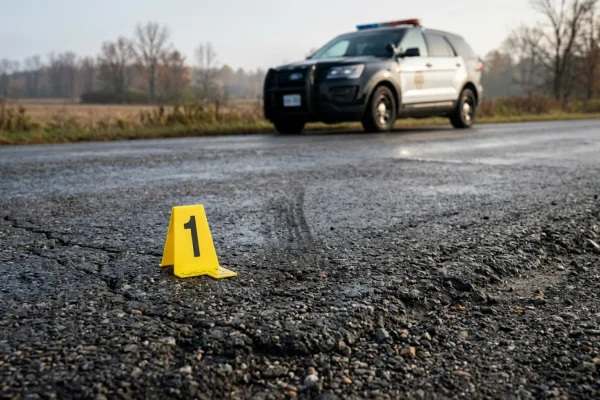 Police cruiser with flashing lights securing an intersection on a rural Ontario road.