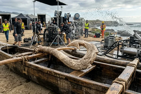 Dwayne Johnson holding a massive practical prop hook on the live-action set of Moana.
