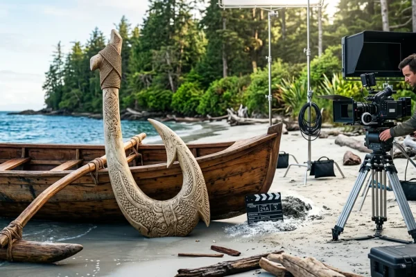 Dwayne Johnson holding a massive prop hook on the beach set of the live-action Moana movie.