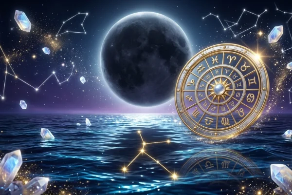 A glowing silver moon surrounded by deep blue cosmic water and faint crab constellations.