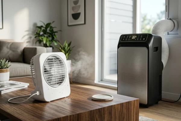 A cheap plastic desktop fan blowing weak air next to a scam alert icon.