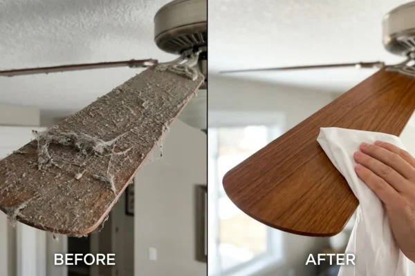A man easily wiping dust off a ceiling fan blade using a damp pillowcase.