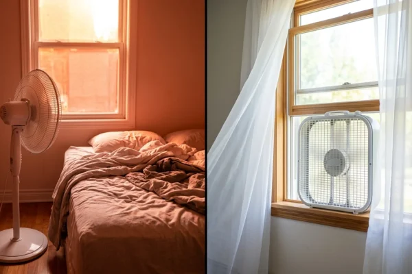 A box fan placed strategically next to an open bedroom window blowing air outward.