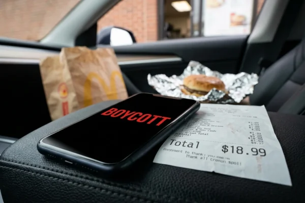 Smartphone showing a viral boycott list next to a fast food receipt.