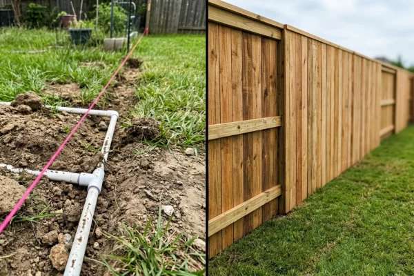 A partially built wooden fence next to a lawn sprinkler head directly on a property line.