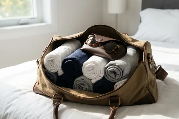 Folded premium white t-shirt and women's tortoiseshell sunglasses on a duffel bag.