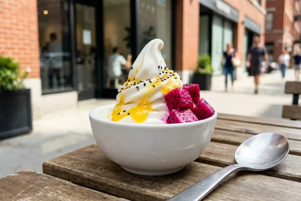 A swirling cup of tart frozen yogurt topped with fresh fruit in a modern NYC shop.