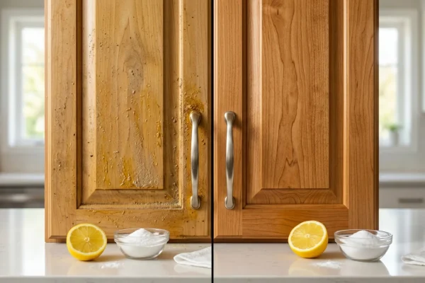 A man wiping down wooden kitchen cabinets with a microfiber cloth.
