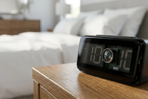 Person scanning a dark hotel bedroom with a smartphone flashlight.