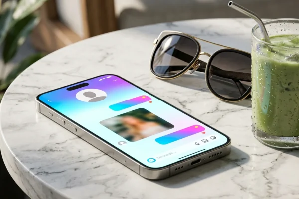 A glowing smartphone screen showing blurred celebrity Instagram profiles.