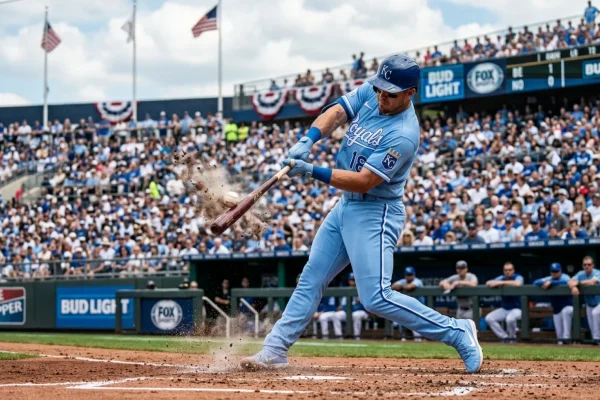 Kyle Schwarber swinging a baseball bat during the 2026 Home Run Derby under the stadium lights.